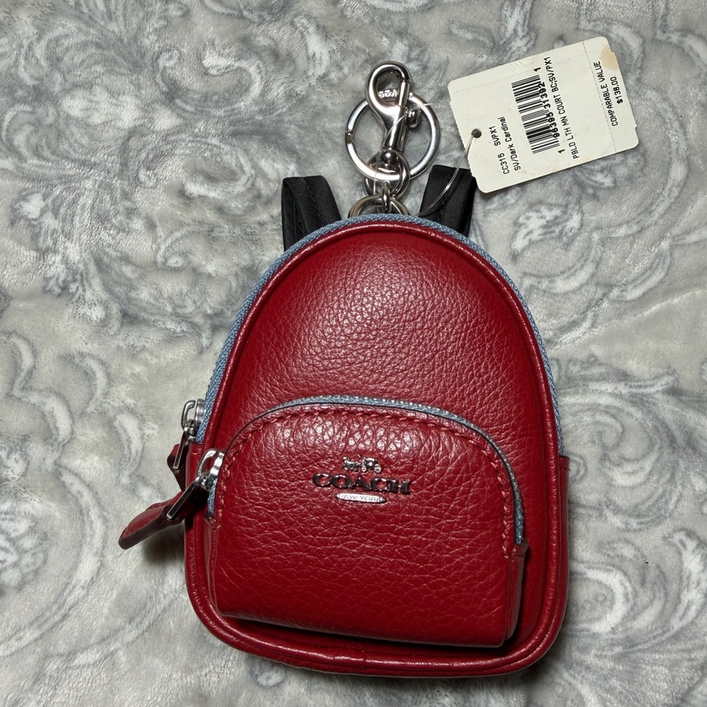Coach Dark Cardinal Red Leather Mini Backpack Keychain